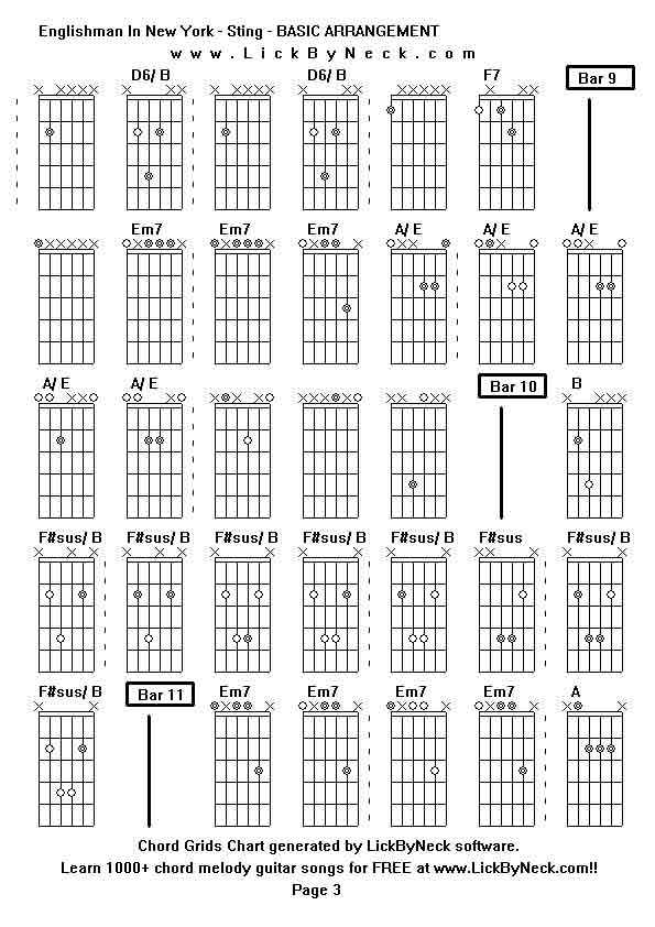 Chord Grids Chart of chord melody fingerstyle guitar song-Englishman In New York - Sting - BASIC ARRANGEMENT,generated by LickByNeck software.